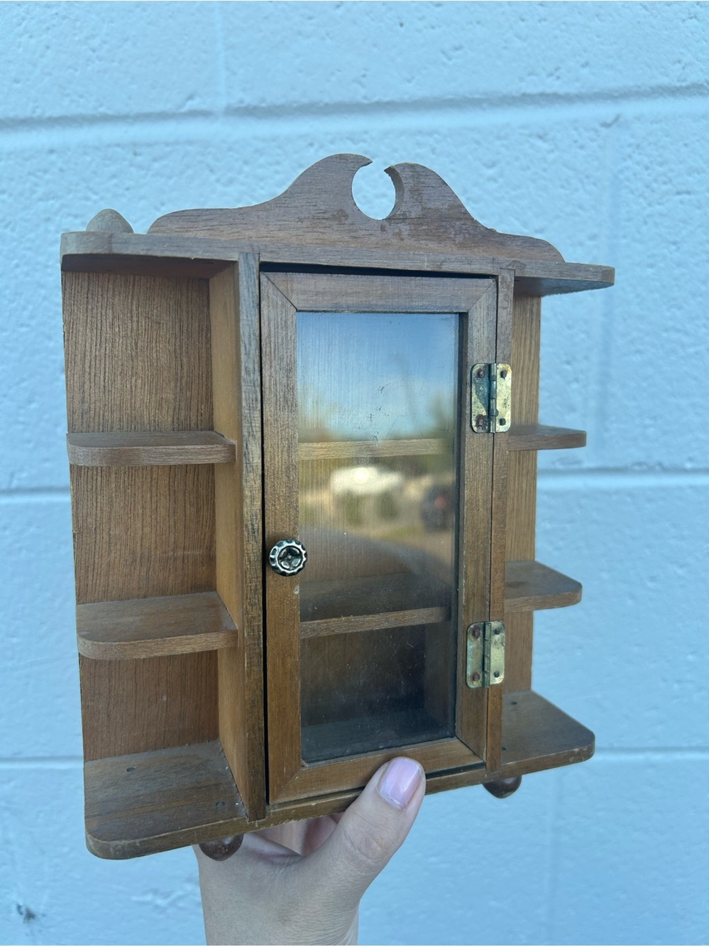 Vintage mini Wooden Brown Wall Curio Cabinet with Glass Door